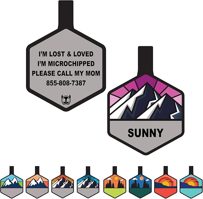 Silent Dog Tag Personalized with 5 Lines of Custom Deep Engraved Durable Soundless Silicone Pet ID Name Tag Hexagon Mountain Pink