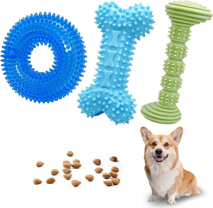 3-Pack Puppy Chew Toys for Teething Relief – Soft & Durable Rubber Toys for Small & Medium Puppies, Includes Squeaky Donut, Bone & Food-Dispensing Toys for Teeth Cleaning & Oral Health