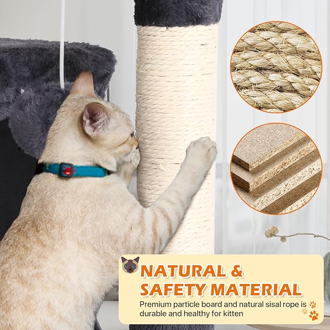 70 Inch Light Gray Cat Tree, Tall Cat Tower with 2 Condos, 3 Scratching Posts, Multi-Level Platforms - Sturdy Climbing Structure Tall Cat Tower for Indoor Cats