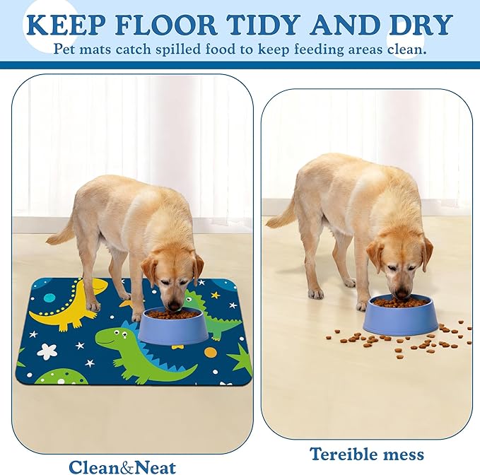 Cartoon Dino Pet Feeding Mat–Christmas Stocking Quick Dry Absorbent Dog Cat Food Mat, Non Slip Waterproof Bowl Placemat for Messy Eaters, Pet Accessories for Floors 12"x20"