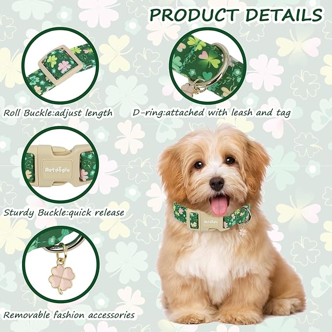 St. Patrick's Day Dog Collar,Green Clover Lucky Shamrock Puppy Collar,Adjustable Spring Cotton Collars Gifts for Small Medium Large Dogs,Dog Accessories S