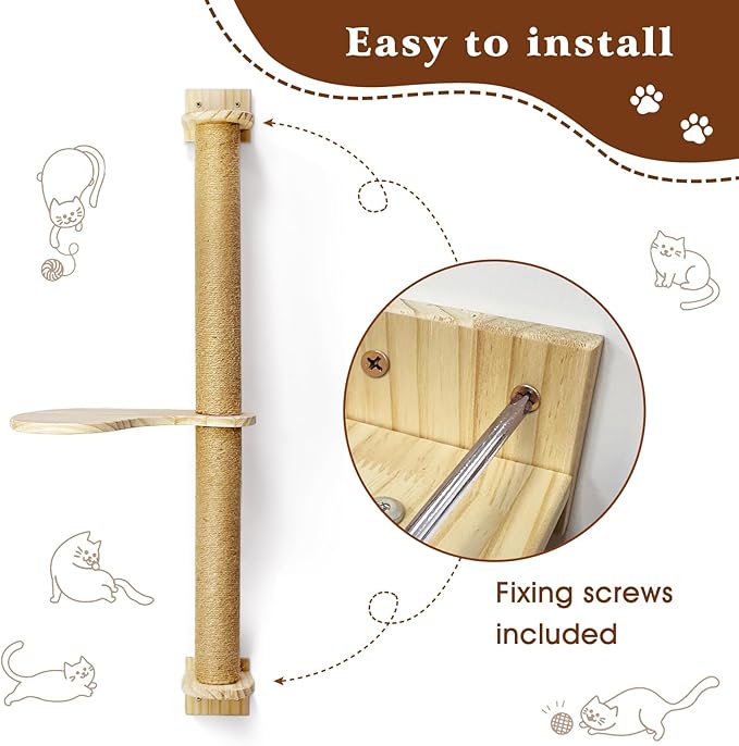 Wall Mount Cat Wall Shelves – Hammock, Scratching Post with Landing, Two Jumping Steps – Cat Furniture and Shelves up to 30 lbs, Set of 4