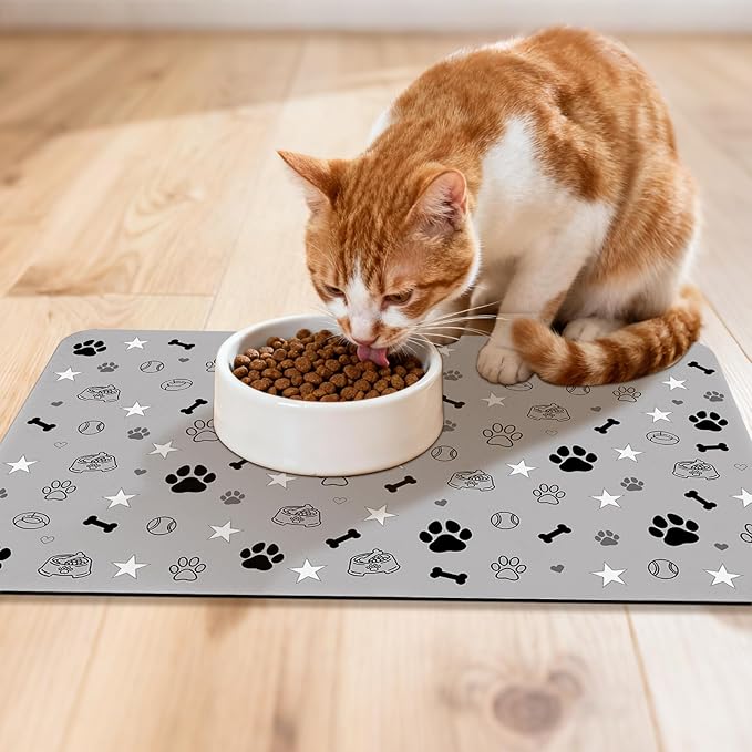 Dog Food Mat for Pet Cat Food Mat, Gray Absorbent Quick Dry Dog Bowl Mats for Food and Water, Non-Slip Cat Pet Feeding Mats for Floor Placemats 12"x20"