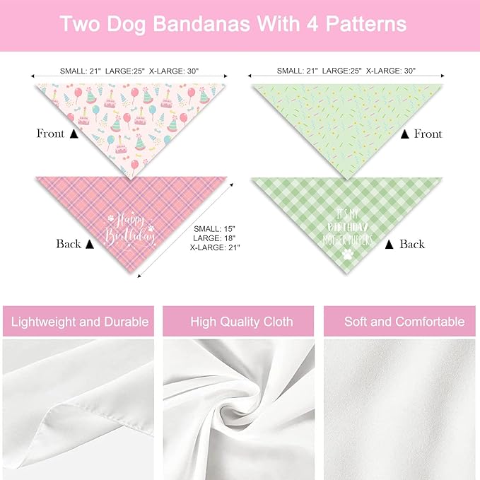 Birthday Dog Bandanas, Double Side All 4 Patterns Reversible Large Pet Bandanas 2 Pack, Celebration Set, Plaid Adjustable Triangle Holiday Pink Green Scarves for Dogs Girl Boy Pets