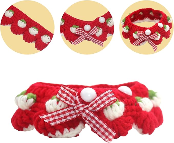 Cat Collar Breakaway, Kitten Collar with Cute Bow Tie and Strawberry Pattern Comfortable for Kitty and Small Puppies, Bandana Fits Neck 2-3 Inches(S)(red)