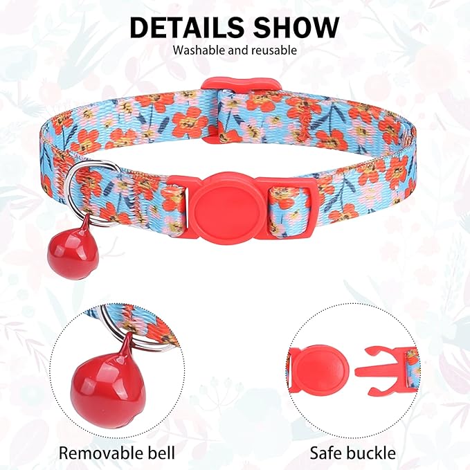 Breakaway Cat Collars for Girl Boy Cats, Fall Winter All Weather Cat Collar Personalized Pattern 2 Pack,Cute Classic Safety Buckles and Bells,Adjustable Printed Nylon Colorful Red