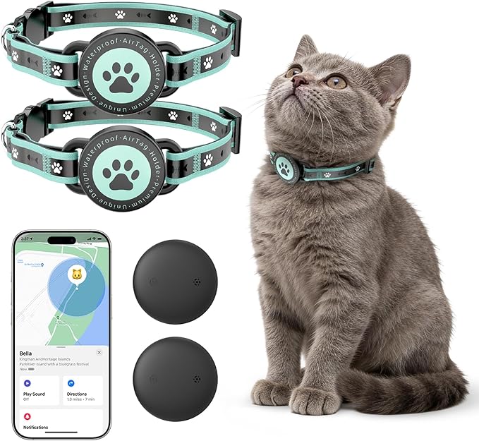 GPS Cat Tracker Collar(iOS & Android), Bluetooth Mini GPS Dog Tracker, Smart Pet Activity Tracker, No Monthly Fee, Work with Apple Find My & Google Find Hub, Finder Tag for Pets,Items (2 Pack)