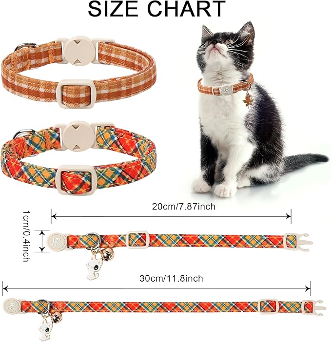 Cat Collar-2Pack Autumn Orange Plaid Kitten Collars-Halloween Plaid Breakaway Kitty Collars-Cute Kitty Pendants,Yellow Orange Grid Cat Collar with Bell, for Girl & Boy Cats