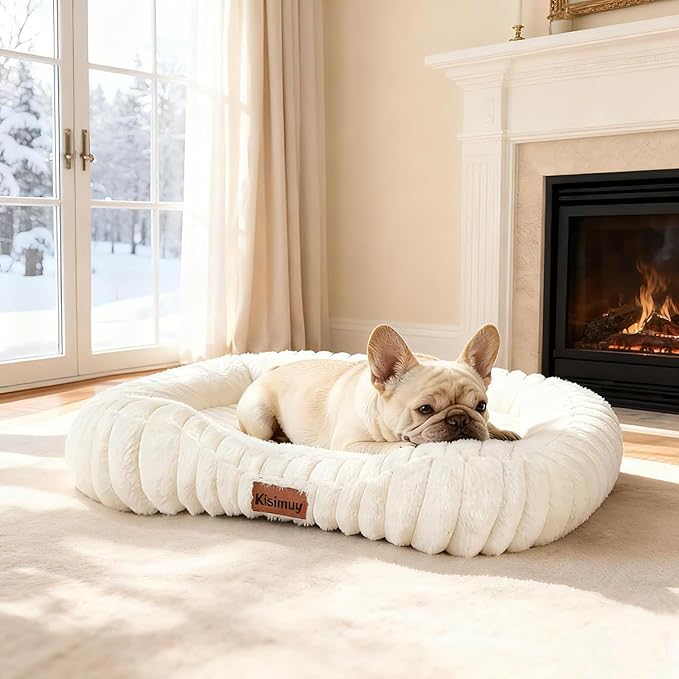 Cute Washable Dog Bed for Small Medium Dogs, Orthopedic Plush Rectangle Anti-Anxiety Dog Bed, Medium Calming Bolster Puppy Bed with Durable Removable Zipper Cover&Anti-Silp Bottom, 30in, Cream