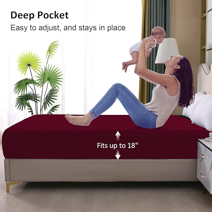 Waterproof Mattress Protector King, Fitted Sheet Style Breathable Mattress Cover with Deep Pocket Fits Up to 18'', Noiseless Bed Cover for Kids Adults Pets, Machine Washable (WineRed, 76'' X 80'')