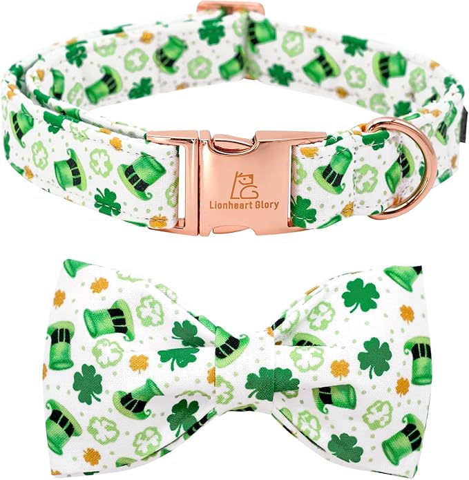 Lionheart glory Dog Bow Collar St. Patrick's Day Dog Collar for Medium Dogs, Adjustable Green Collars Lucky Clover Shamrock Dog Collar with Bowtie Pet Collar Bows