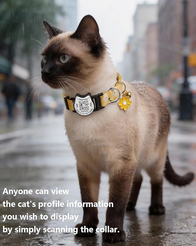 Breakaway Cat Collar with QR Code ID Tag, Adjustable Cotton Kitten Collar with Bell, Scan to Find My Family Personalized Pet Info, Cute Flower Design for Indoor Outdoor Cats,Flower Pendant(Yellow)