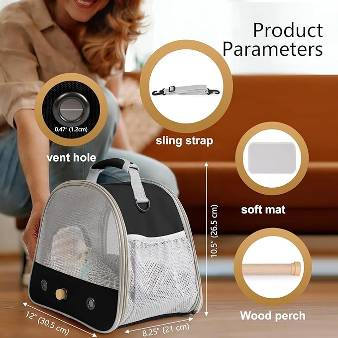 Bird Carrier, Portable Small Bird Parrot Parakeet Carrier with Standing Perch and Stainless Steel Tray, Side Access Window Collapsible
