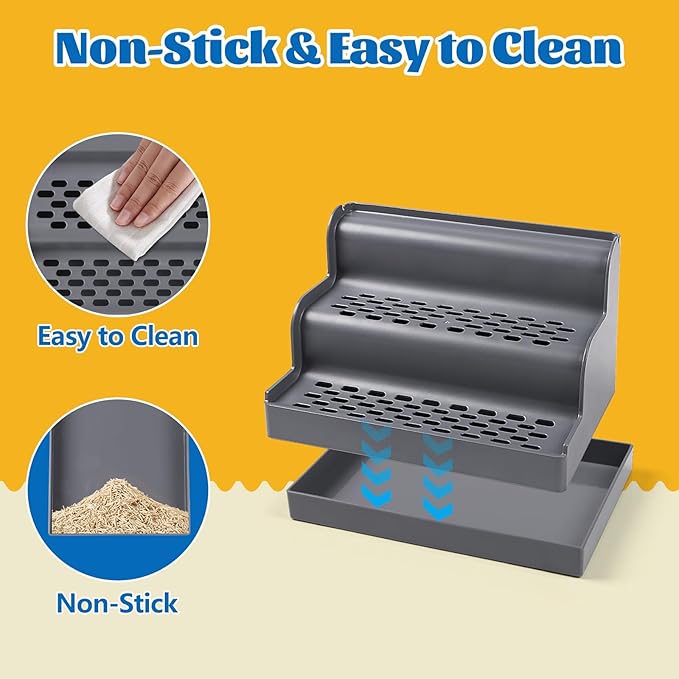 Cat Litter Box Ramp, 3-Step Cat Step for Litter Box with Filter Function, Removable Tray, Washable and Easy to Clean, Filter Pedal Stair for Kitten & Elderly Cats (Dark Grey)
