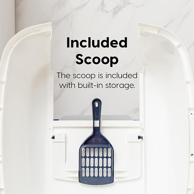 IRIS USA Cat Litter Box, Large Enclosure with Front Door Flap and Scoop, Covered Box with Handle and Buckles for Portability and Privacy, Navy/White