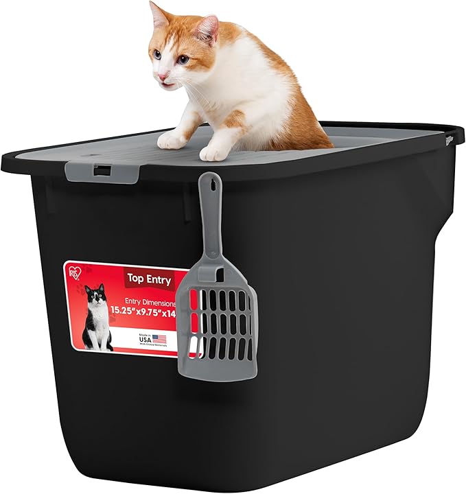IRIS USA Cat Litter Box, Large Cat Box Enclosure, Top Entry with Litter Catching Lid, Enclosed with Scoop, Black/Gray