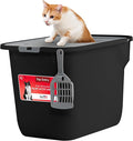 IRIS USA Cat Litter Box, Large Cat Box Enclosure, Top Entry with Litter Catching Lid, Enclosed with Scoop, Black/Gray