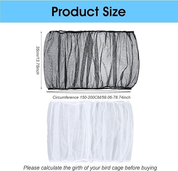 2PCS Bird Cage Seed Catcher, Nylon Adjustable Elastic Bird Cage Net Cover Skirt Guard, Universal Birdcage Accessories for Parrot Canary Parakeet Cockatiel Budgie Quail (Black, White)