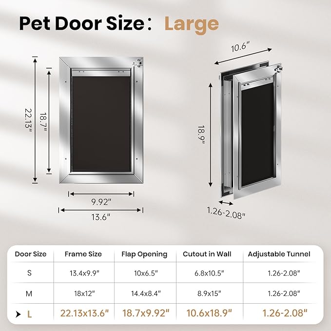 All Aluminum Dog Door, Rust Proof Heavy Duty Large Dog Door for Exterior Doors, Doggy Door with 2 Magnetic Flaps, Energy Efficient, Closing Panel, Pet Door for Pets Up to 110Lb