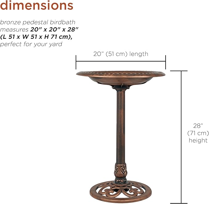 Alpine Corporation | 28" Bronze Outdoor Pedestal Birdbath with Scrollwork Base and Ground Stakes — Elegant Garden Décor, Durable Weather-Resistant Design for Lawn, Patio, or Yard