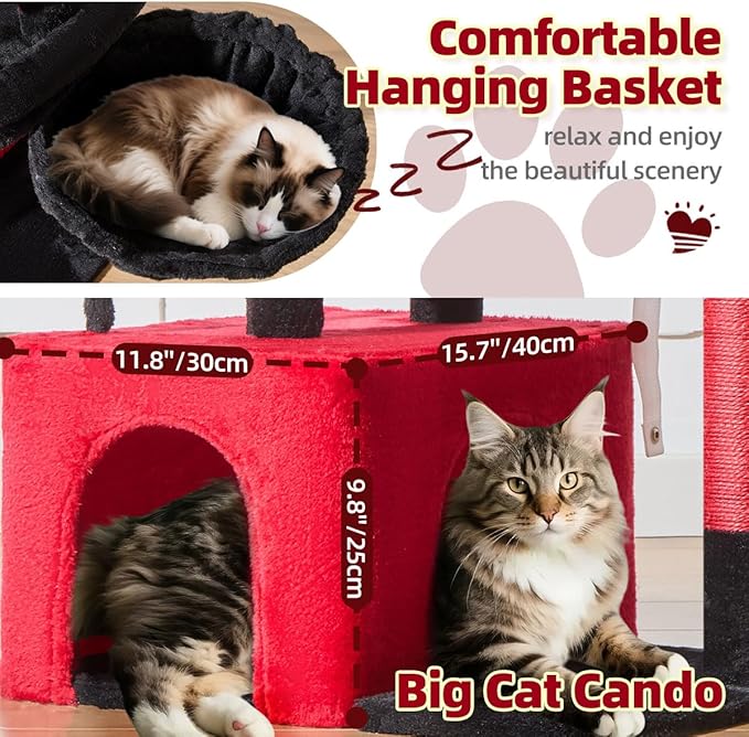 Taoqimiao MS043BR Cat Tree, 32.2-Inch Cat Tower for Indoors Cats, Cat Condo with Large Cat Perch, Spacious Cat Cave, Scratching Posts for Small and Medium Cats, Black and Red