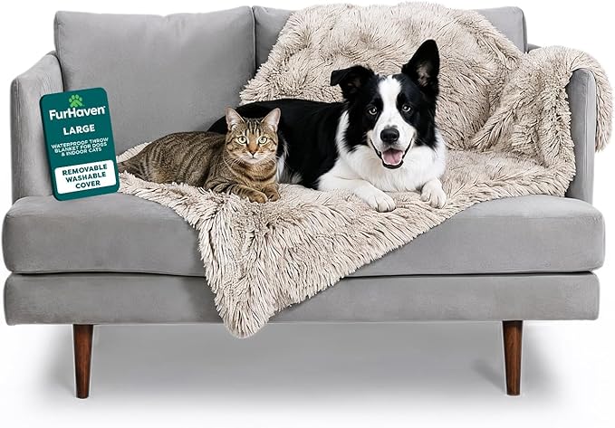 FurHaven Waterproof Throw Blanket for Dogs & Indoor Cats, Reversible Protective Pet Blanket, Large, Long Faux Fur & Velvet, Driftwood
