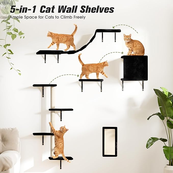 COZIWOW Wall Mounted Cat Furniture, Cat Wall Shelves and Perches, Floating Cat Shelves for Wall Set of 5 (Black)