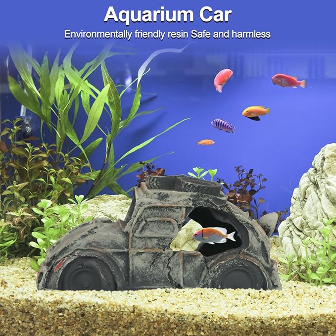 Aquarium Decorations for Fish Tank - Realistic Resin Rock Cave Hideouts, Safe Fish Tank Ornaments with Natural Design for Betta, Goldfish, Shrimp - Easy to Clean (Resin car)