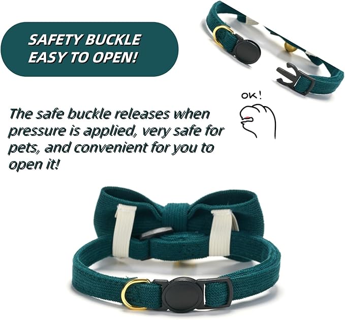 Soft Corduroy Cat Collar with Bell and Bowtie, Safety Breakaway Clasp, Adjustable for Kitten and Cats Green Color.