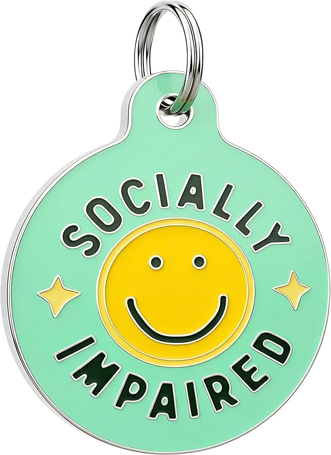 Bad Tags Personalized Dog and Cat ID Tags in 25+ Designs and 2 Sizes - 5 Lines of Custom Engraved Text - Funny Cute Personalized Pet Tags (Socially Impaired, Small (1 inch))