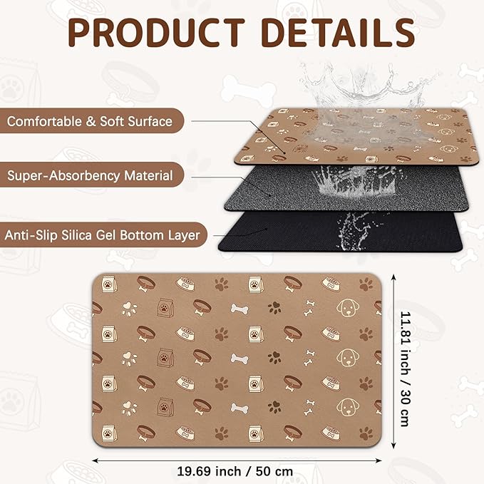 Dog Food Mat for Bowls, Absorbent Quick Dry Dog Cat Mats for Food and Water, Non-Slip Backing Pet Mat Pet Supplies - Bone Pattern