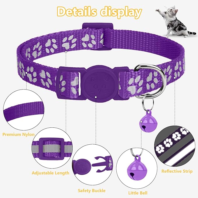 Taglory Reflective Cat Collar Breakaway with Bells, 2 Pack Girl Boy Pet Cat Collar Adjustable 7.5-12.5 Inch, Purple