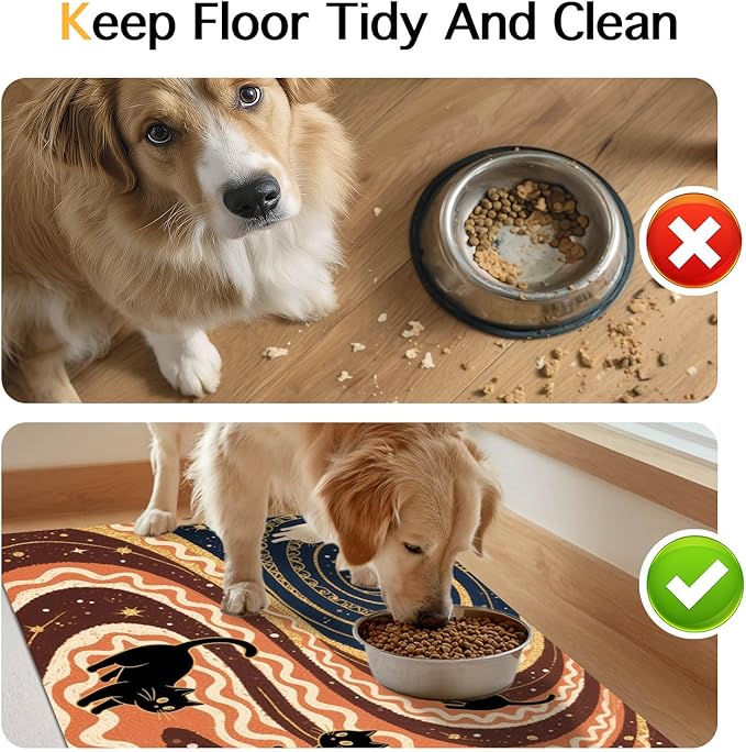Pet Feedings Mats 20x12 inch Black Cat Design Pet Bowl Placemat Non Slip Mat for Cats Food and Water Indoor Kitty Feeding Station Artistic Cats Meal Mat for Small Pets Kitchen Floor Use
