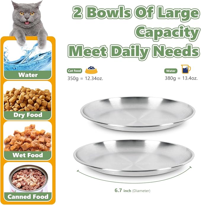 6-Pack Stainless Steel Cat Food Bowls, Shallow Whisker-Friendly Non-Slip Silicone Base Metal Dishes, Easy to Clean Indoor Feeding Flat Plates for Cat, Kitten, Small Dog (6.7")