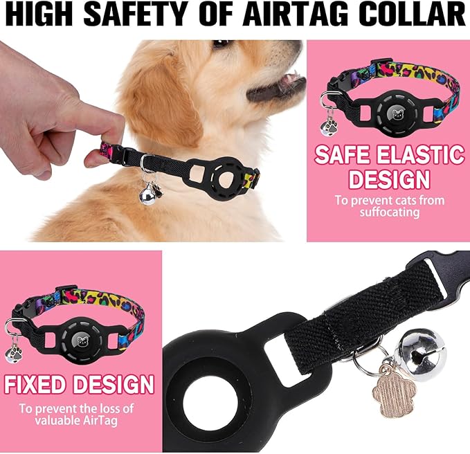 BINGPET AirTag Cat Collar with Bells, Upgraded Safety Elastic Cat Collar with Airtag Cat Collar Holder, Anti-Lost Cat Collars for Cats, Anti-Suffocation Kitty Puppy Collars