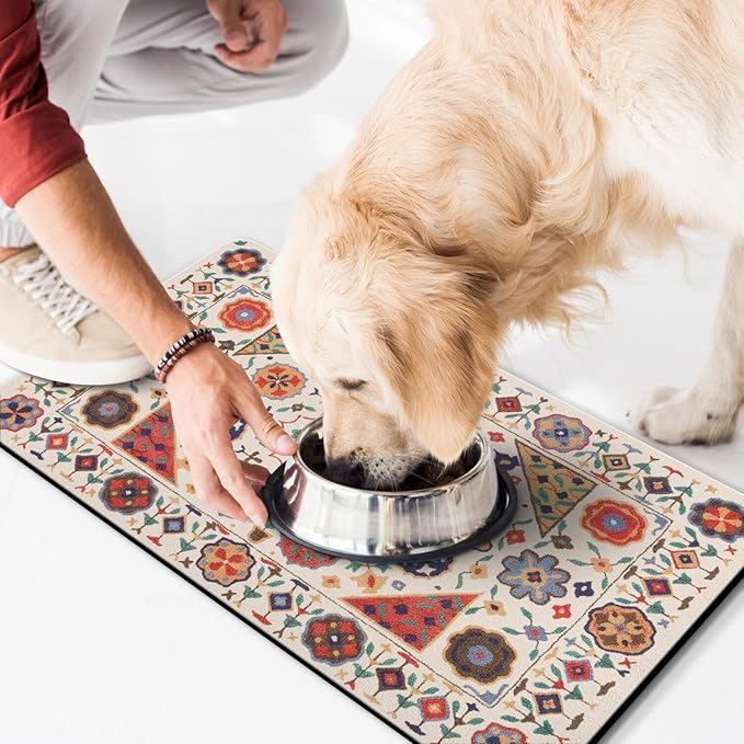 Moroccan Trellis Dog Food & Water Mat, Boho Colorful Vintage Pet Feeding Mat for Floor Non-Slip Waterproof, Super Absorbent Cat Bowl Mat, Easy to Clean Durable Pet Placemat,17" × 30"