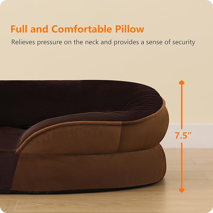 Dwanton Orthopedic Dog Bed for Extra Extra Large Dogs with Gel Memory Foam, Waterproof Dog Sofa, Washable Pet Bed with Four Sided Bolster Cushion, Removable Cover & Non-Slip Bottom, 48", Brown