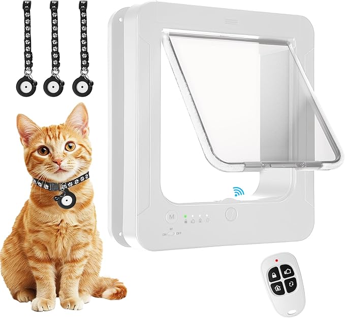 Smart Cat Door for Interior & Exterior, Cat Pet Door with 3 Collar Sensor Keys & 1 Remote Control & 4 Way Locking Cat Flap with RFID Collar Activated Opening