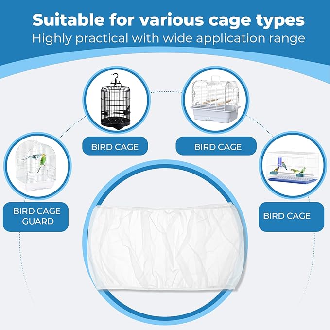 2 Pcs Bird Cage Seed Catcher, Adjustable Bird Cage Net Cover, Reusable Soft Nylon Cover for Parrot Enclosures (White)