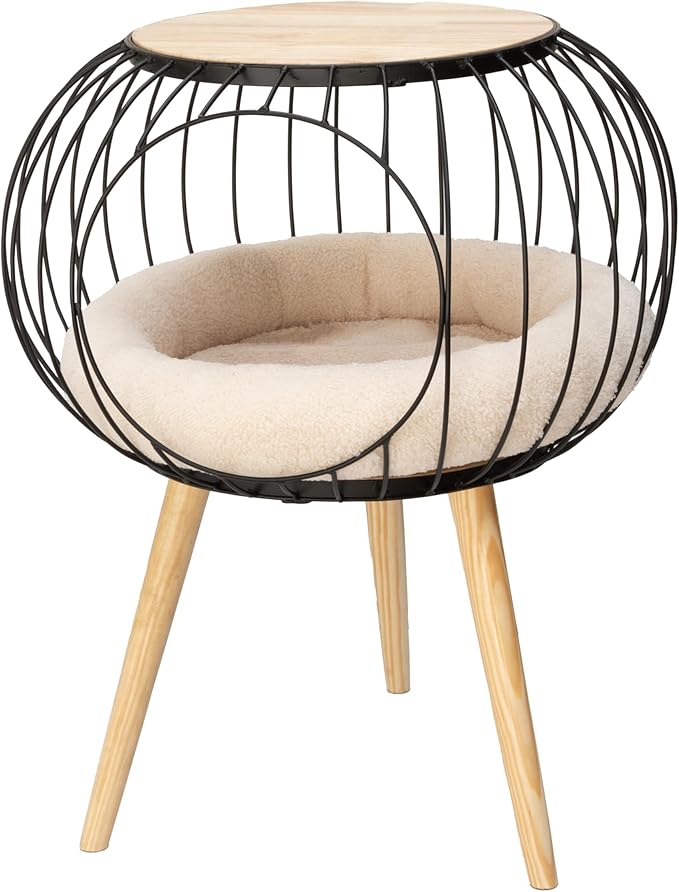 Kitty City Modern Cat Bed with Wooden Side Table, Elevated Indoor Cat Lounge Furniture with Removable Sherpa Cushion, Stylish Cat Bed for Home Décor