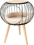 Kitty City Modern Cat Bed with Wooden Side Table, Elevated Indoor Cat Lounge Furniture with Removable Sherpa Cushion, Stylish Cat Bed for Home Décor