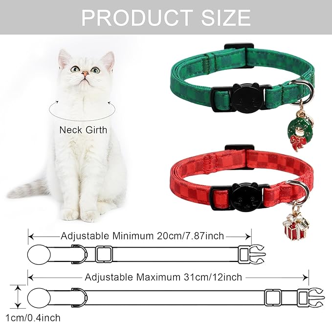 Lionet Paws 2pcs Pack Christmas Cat Collarr,Christmas Red Plaid & Green Plaid Cat Kitten Collars with Breakaway Buckle,Ideal for Boy Cats