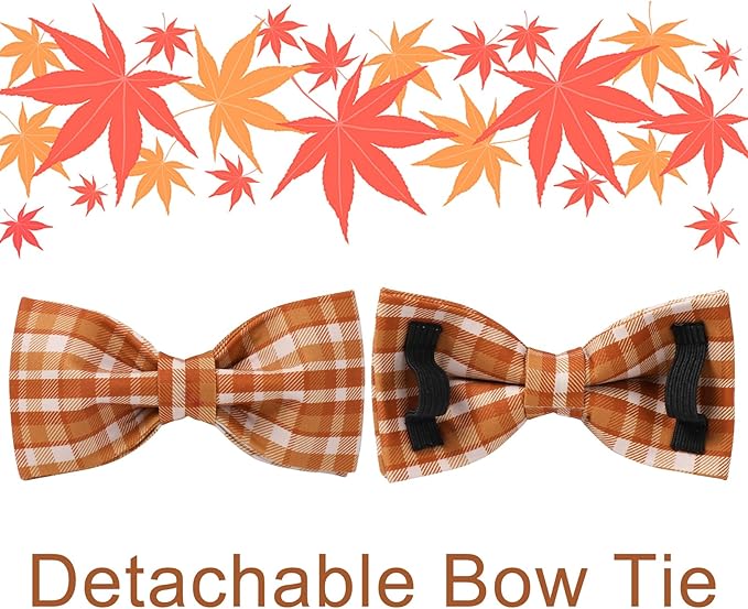 Fall Plaid Dog Collar and Bow Tie Set – Brown Orange Checkered Adjustable Collar with Maple Leaf Charm for Small Medium Large Dogs, Soft Cotton Puppy Collar with Quick Release Buckle