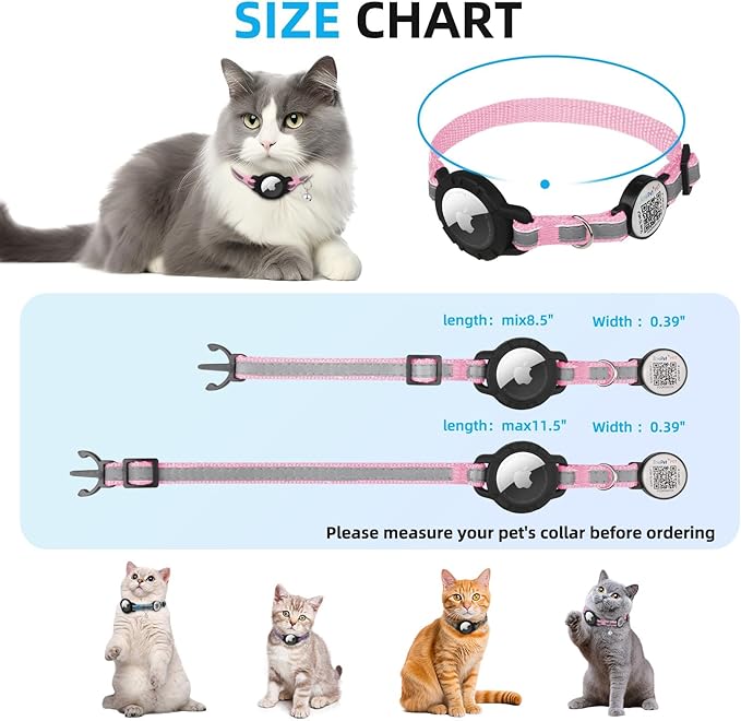 Airtag Cat Collar Breakaway with QR Code Name Tag, Reflective cat Collar airtag Holder with Bell, Cat ID Tag Personalized, Ultra-Durable, Adjustable, Quick Release, Fits Small Large Cats, Pink