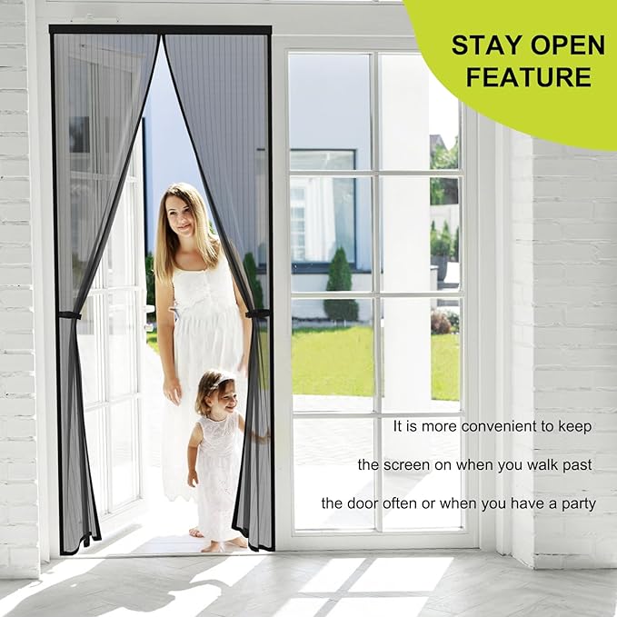 Magnetic Screen Door - Fits Door Opening 36x96 in, Actual Screen Size 38x97 in, Hands Free Mesh Partition,Heavy Duty Screen Door Mesh Curtain Keeps Bugs Out, Frame Hook & Loop, Pet and Kid Friendly