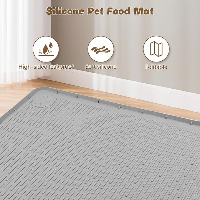 Cat Food Mat, 50" x 35" Extra Large Silicone Pet Feeding Mat with Raised Edge Pet Placemat for Food and Water Bowl Non-Slip, Easy to Clean, Floor Protection (Grey)