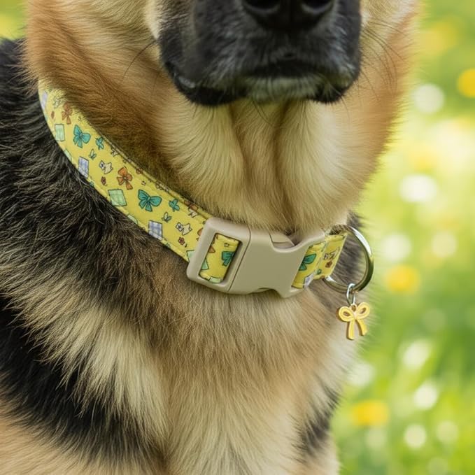 Dog Collars for Medium Dogs, Yellow Dog Collar with Cute Bow Print and Charm, Adjustable Medium Collar for Girl Female Dogs