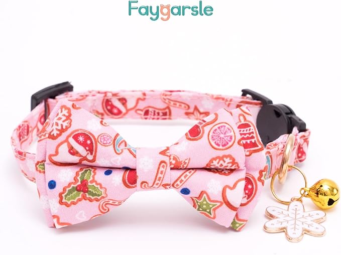 Faygarsle 2 Pack Christmas Cat Collars - Cute Holiday Collars with Bow Tie, Breakaway, Pink & Green, Winter, for Boy & Girl Cats