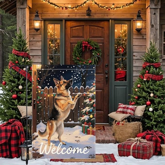 German Shepherd Welcome Garden Flag 12x18 Inch Double Sided Winter Christmas Burlap Yard Banner Outdoor Dog Lover Holiday Seasonal Decor for Home