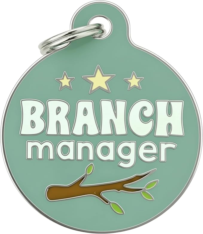 Bad Tags Personalized Dog and Cat ID Tags in 25+ Designs and 2 Sizes - 5 Lines of Custom Engraved Text - Funny Cute Personalized Pet Tags (Branch Manager, Large (1.25 inch))